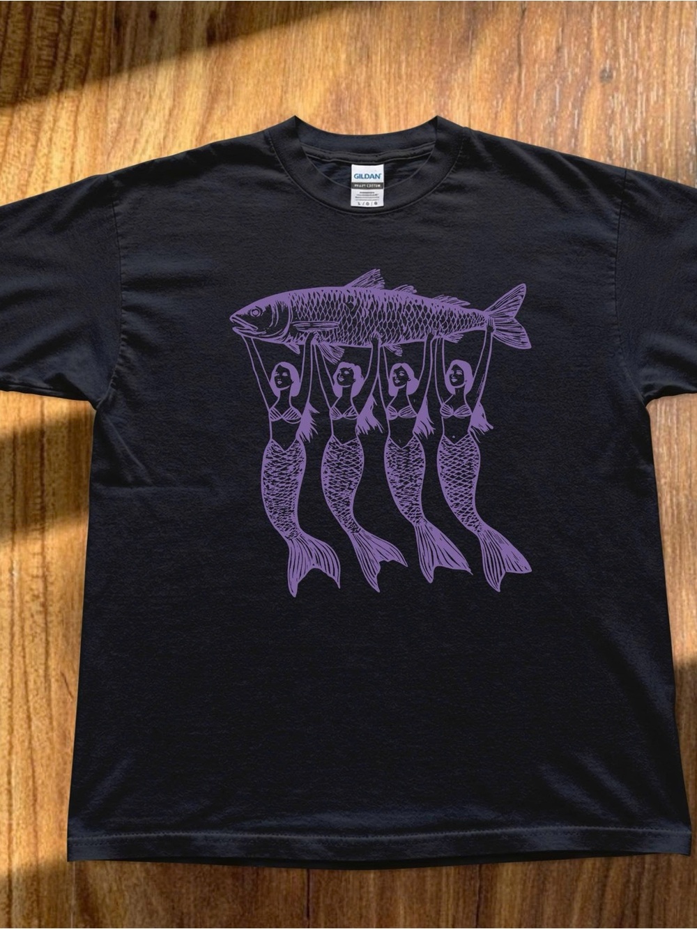 Gildan Black Tee with Purple Mermaid holding Fish